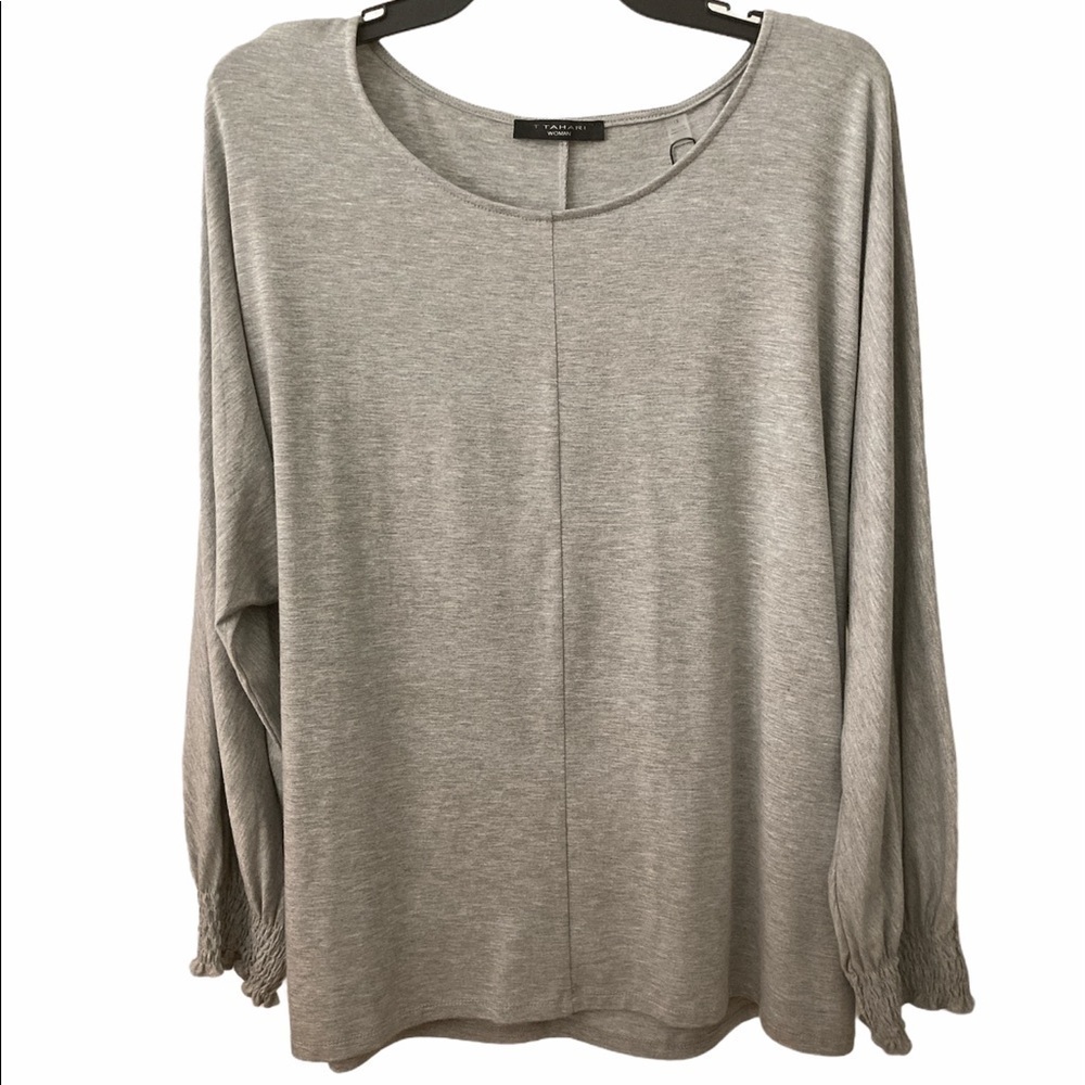 TAHARI Smocked Cuff Lightweight Soft Long Sleeves Gray Top 1X
